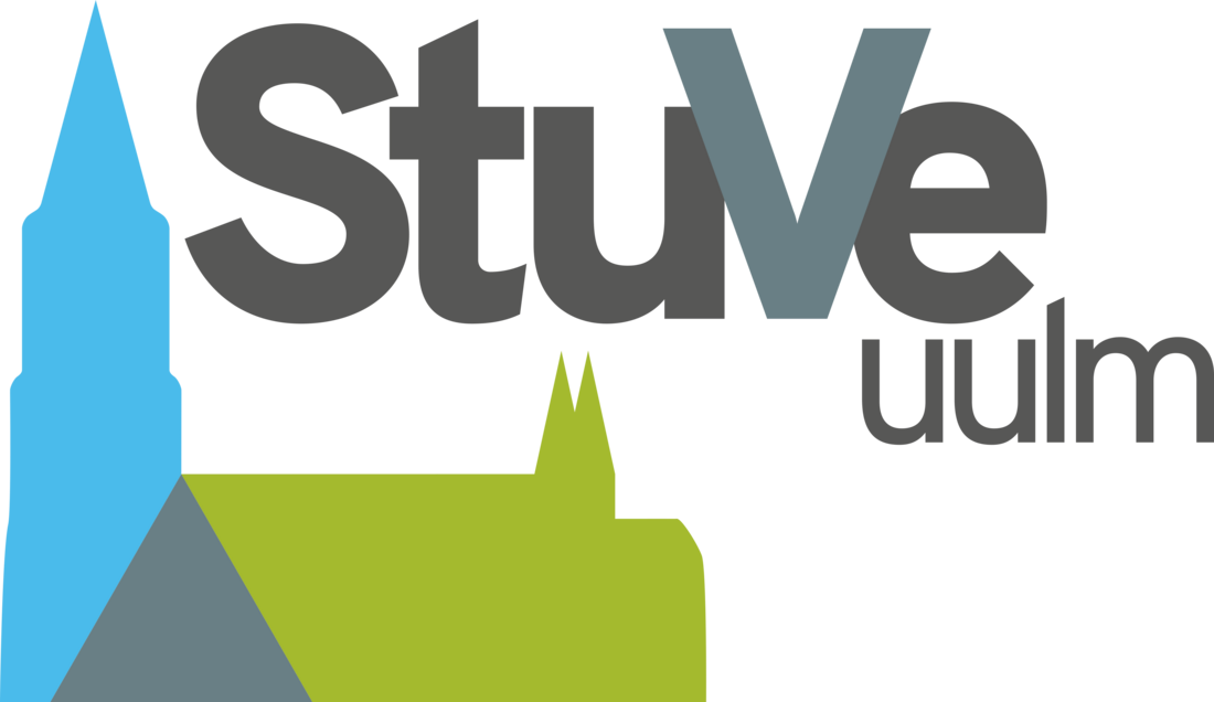 Logo in Blau, Grün und Grau, bestehend aus dem Schriftzug StuVe uulm und der Silhouette des Ulmer Münsters